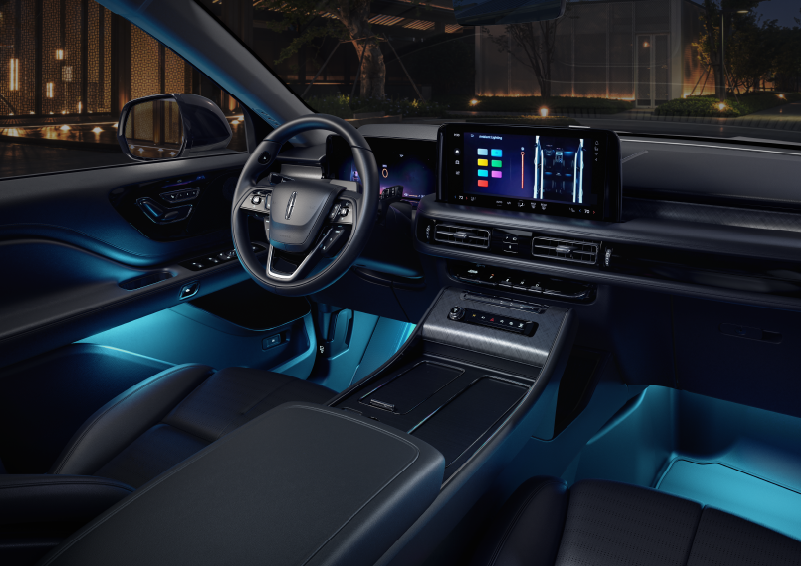Deep blue ambient lighting glows from various places within a 2025 Lincoln Aviator® SUV. | Don Franklin Lincoln in London KY