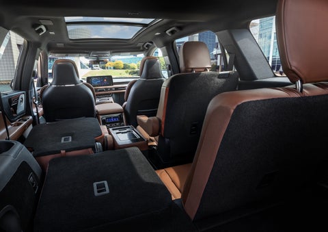 The interior of the 2025 Lincoln Aviator® SUV is shown with two seats folded down for added space. | Don Franklin Lincoln in London KY