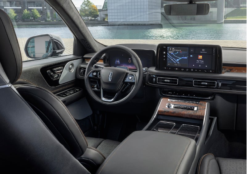 The interior of the 2026 Lincoln Aviator® SUV is shown parked with a view of a harbor through the windshield. | Don Franklin Lincoln in London KY